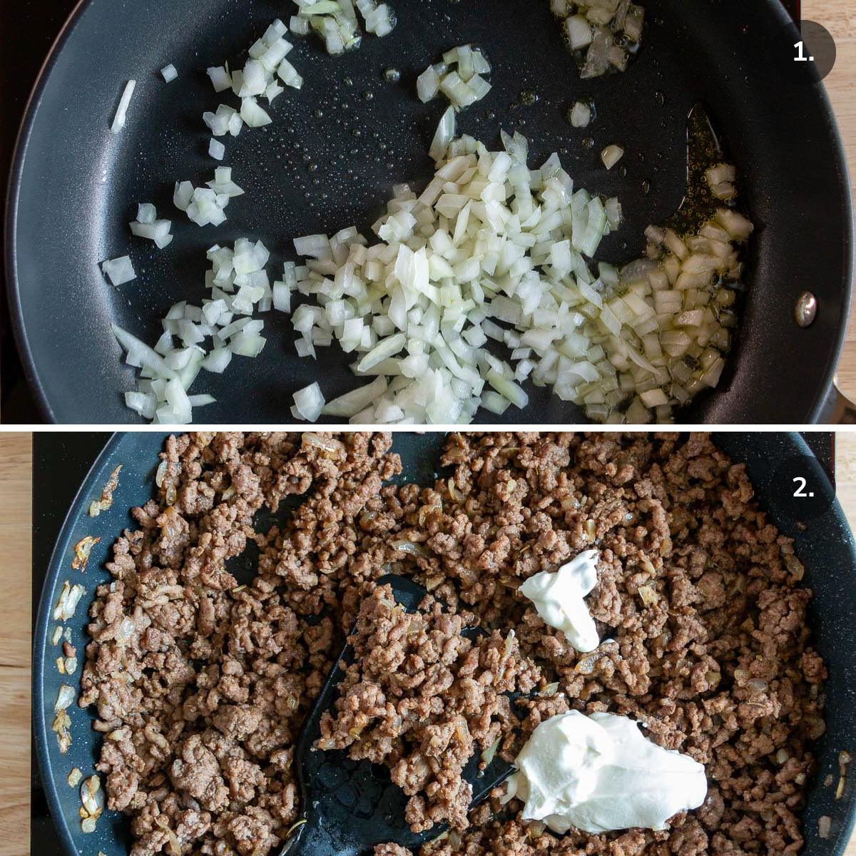 Frying up aromatics and browning ground beef.