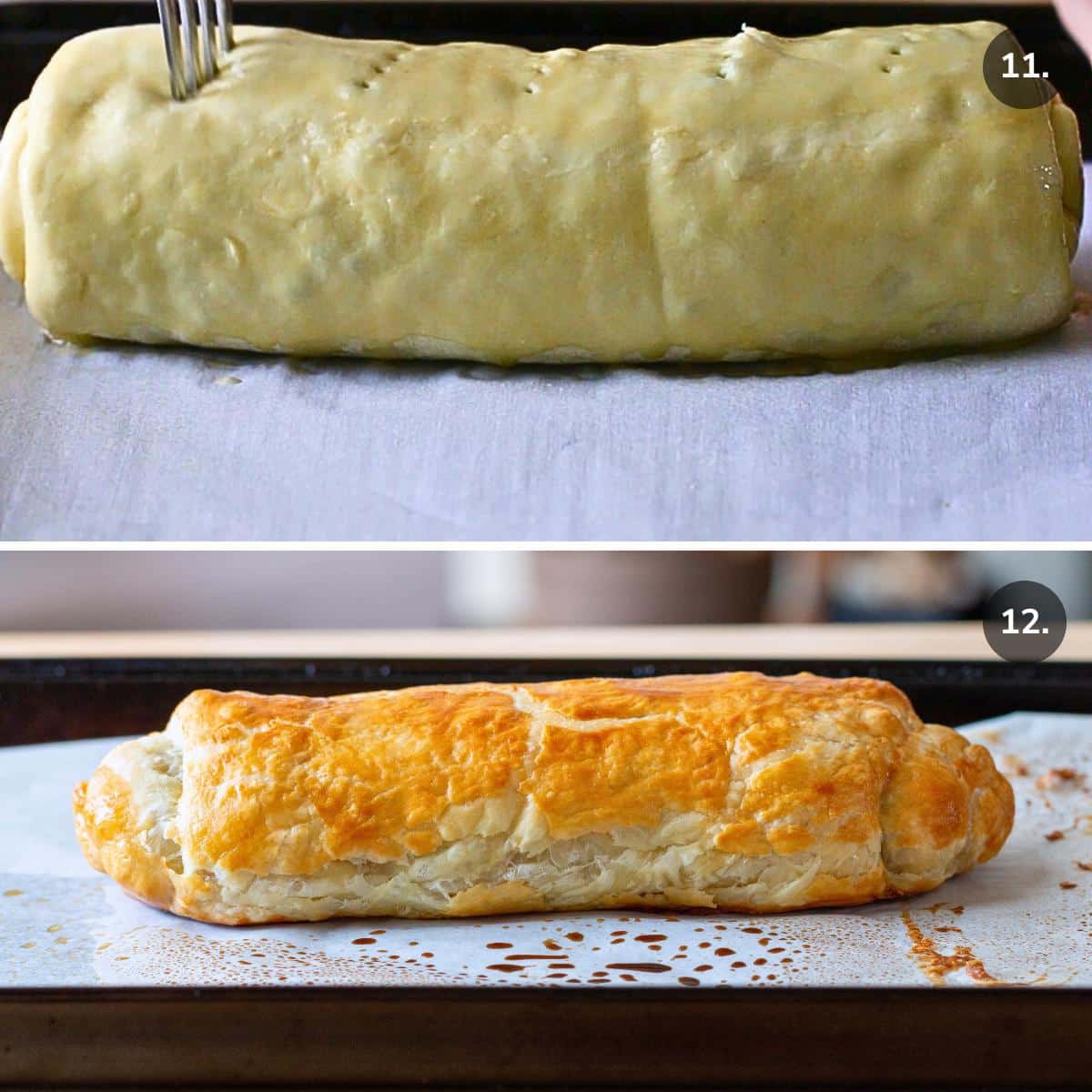 Using a fork to make steam holes and baked puff pastry hot out of the oven.