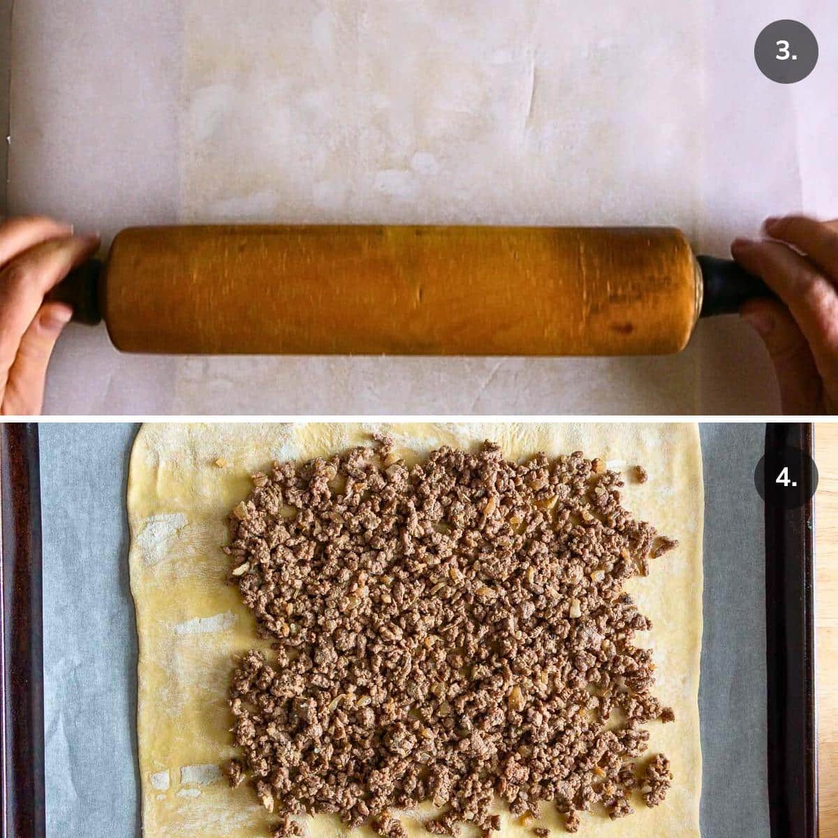 Rolling out puff pastry and adding ground beef mixture on top.