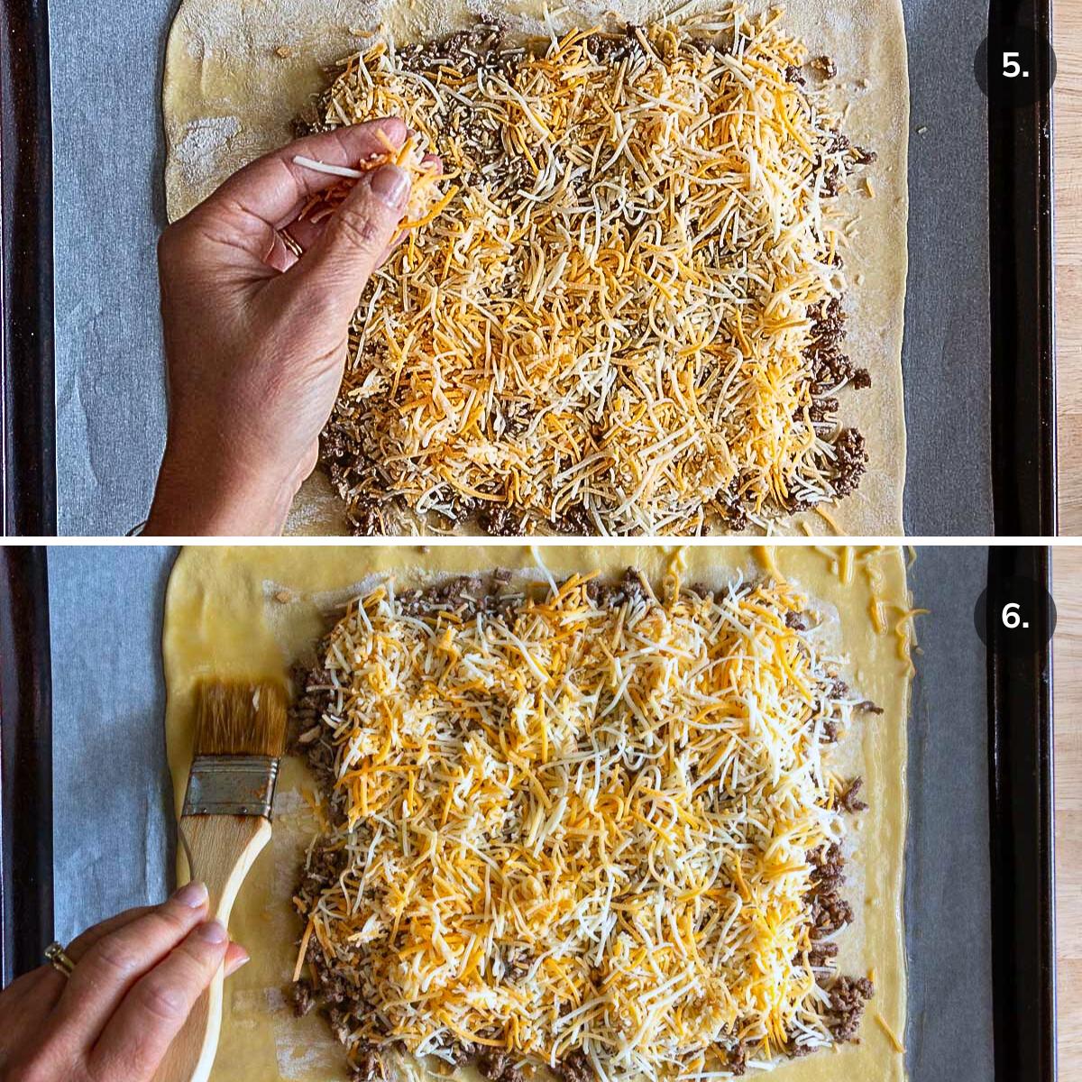 Adding cheese and brushing egg on the sides of the puff pastry sheet. 