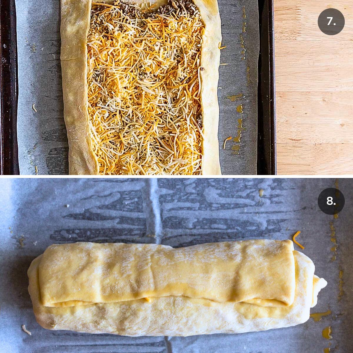 Folding in sides of the puff pastry with meat and cheese and rolling it up. 