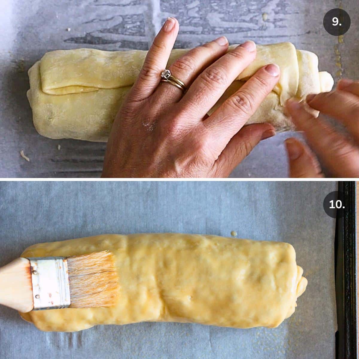 Pinching the edges of meat stuffed pastry roll and brushing with egg wash. 