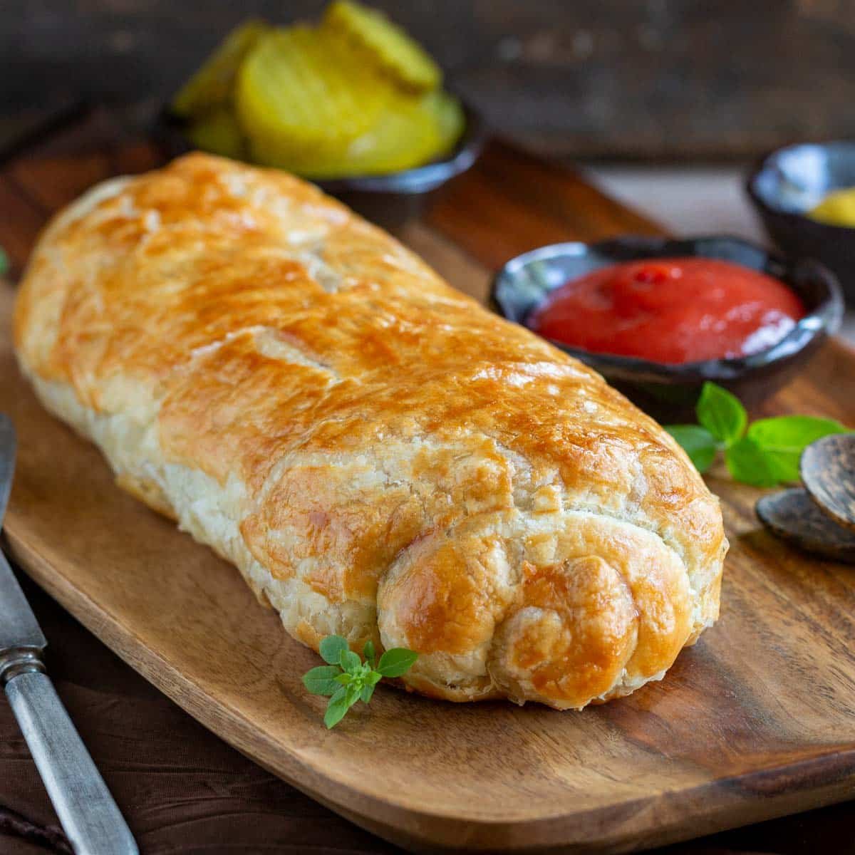 Whole puff pastry with beef on a cutting board - not yet sliced into with ketchup, mustard and pickles on the side.