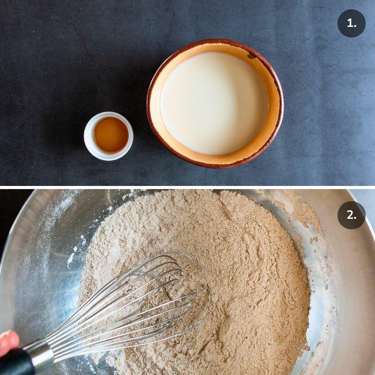 Making dairy free buttermilk and stirring dry ingredients together. 