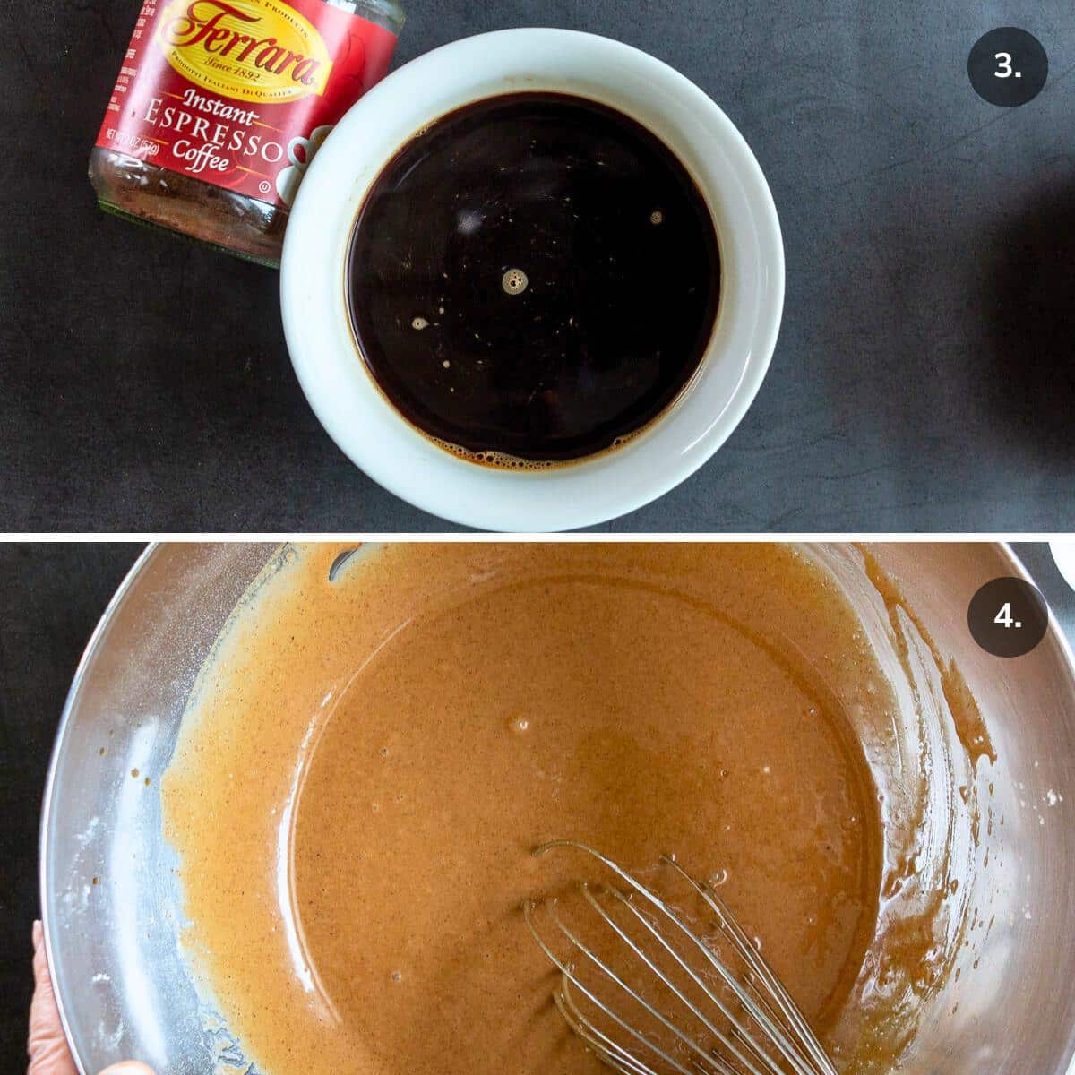 Making a strong espresso and mixing it into the cake batter. 