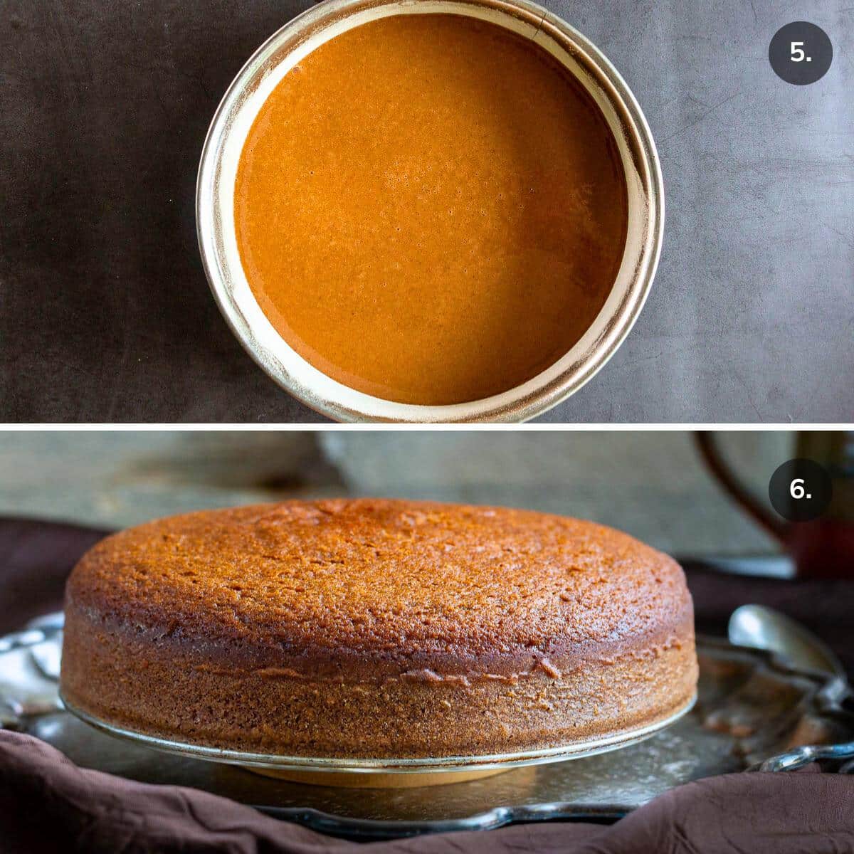 Cake batter in an 8 inch greased pan and showing it baked out of the pan. 