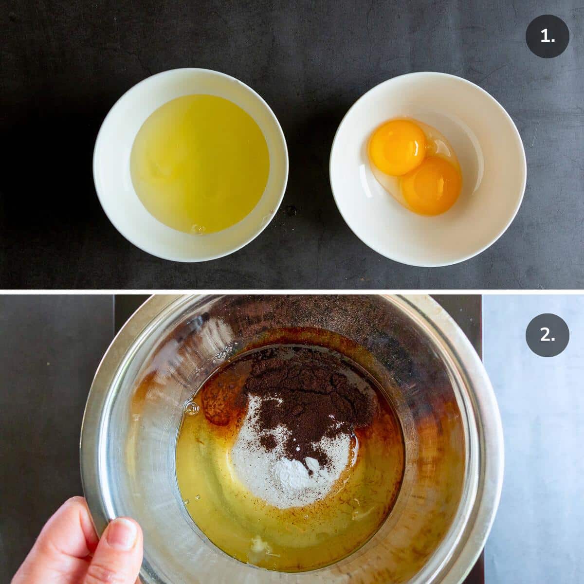 Separating the egg yolks from the egg whites and placing all the ingredients to make the meringue in metal bowl. 