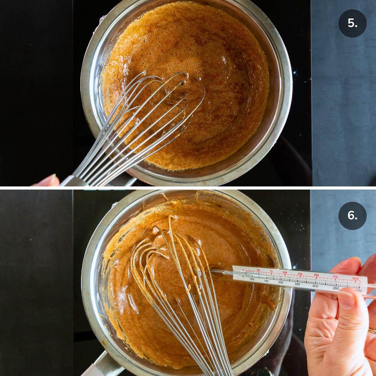 Showing the meringue with instant espresso starts out a dark brown color and then lightens as it simmers over a double boiler and measuring the temperature with a thermometer. 