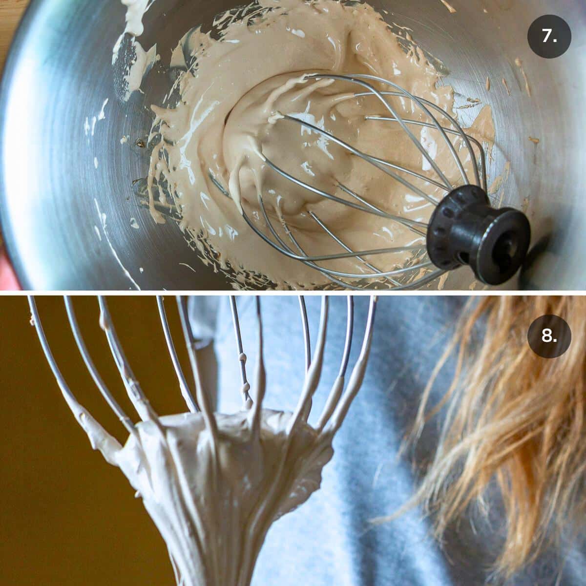 Beating the meringue turned a white color and showing stiff peaks.