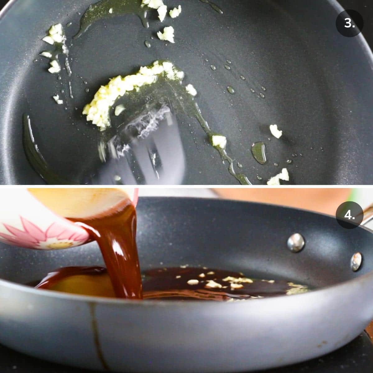 Stir frying garlic and add the mixed meatball sauce ingredients into the skillet. 