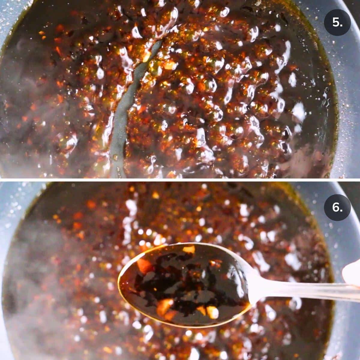 Asian style sauce bubbling and thickening in pan and a spoonful of completed sauce. 