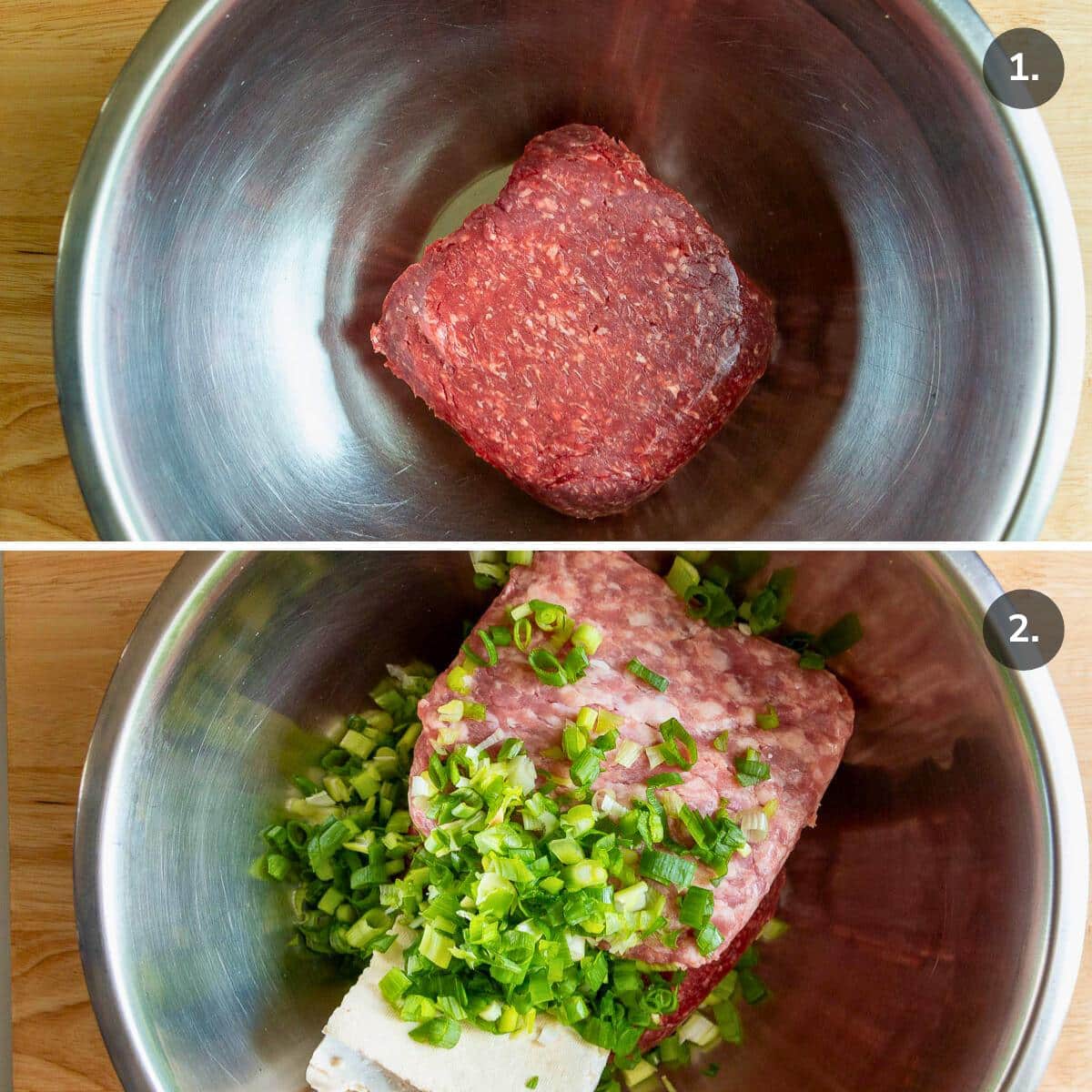 Ground venison in a bowl and then the pork, tofu and all the aromatics and seasonings. 