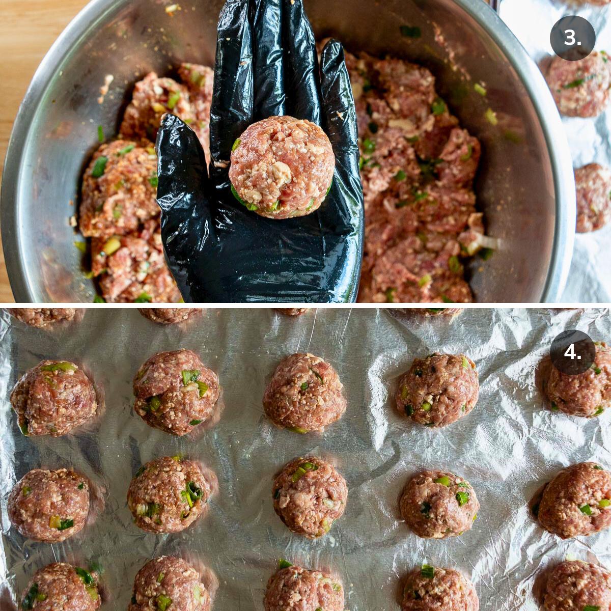 Forming meat and tofu mixture into meatballs and placing them on a lined baking sheet.