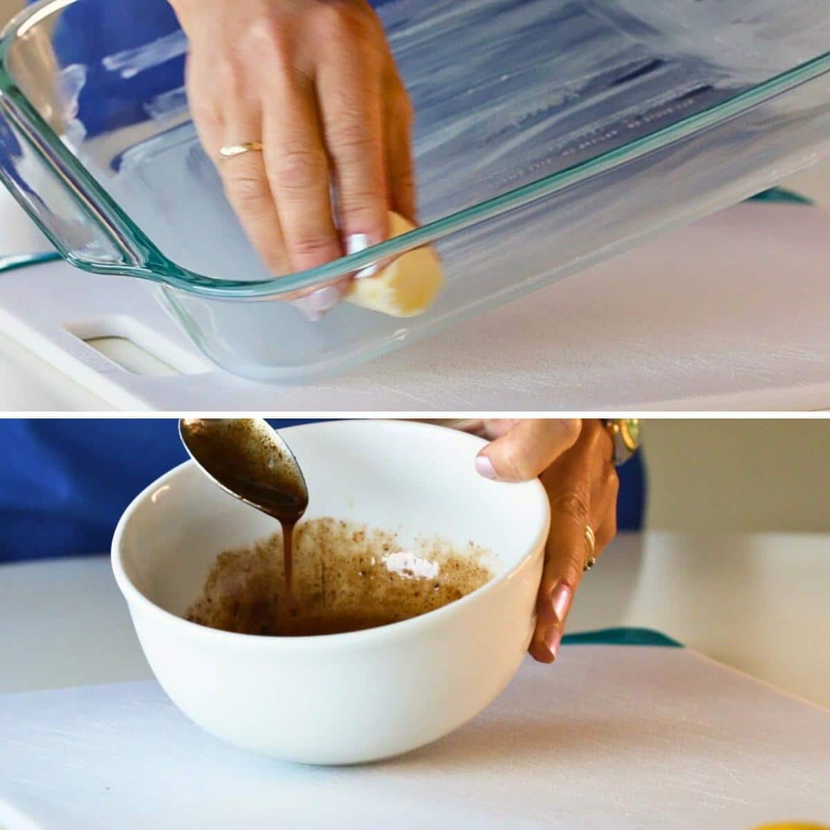 Buttering the dish and making the 5 spiced honey sauce. 