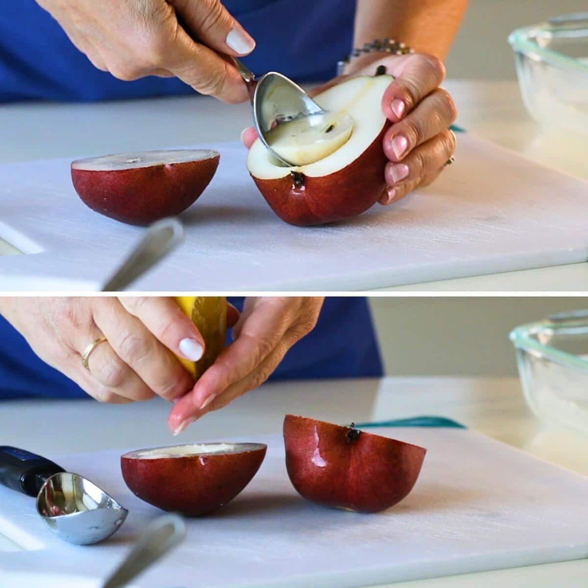 Coring the pears and drizzling on a little lemon juice.