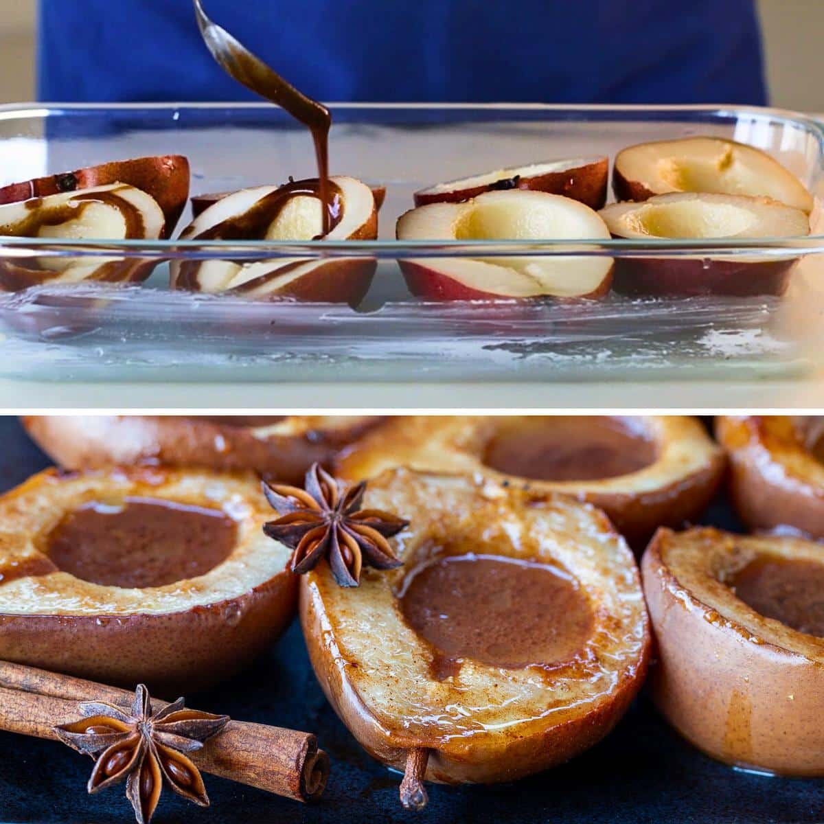 Drizzling the pears with Chinese 5 spiced honey sauce and then showing them roasted. 