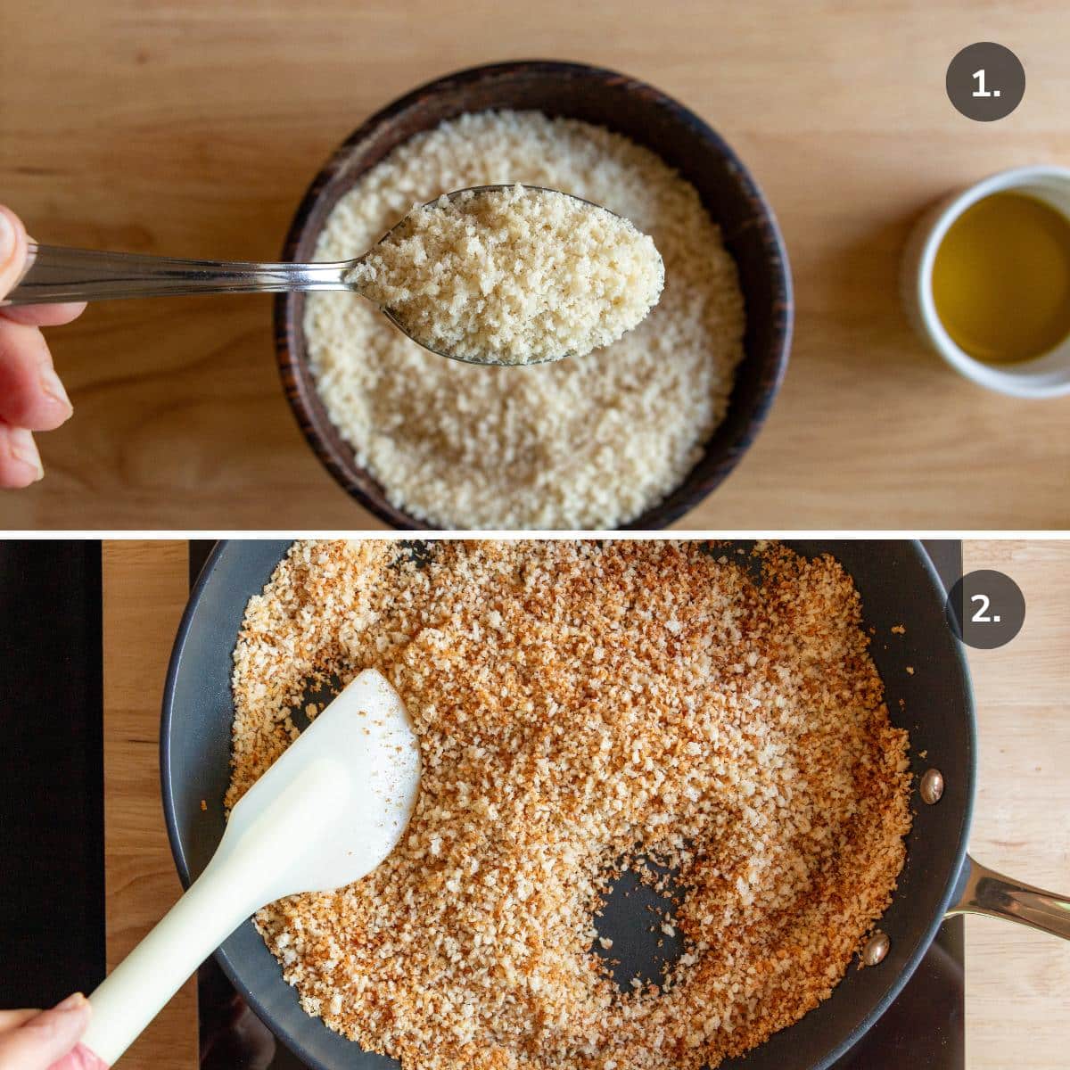 Showing panko breadcrumbs before and after toasting. 