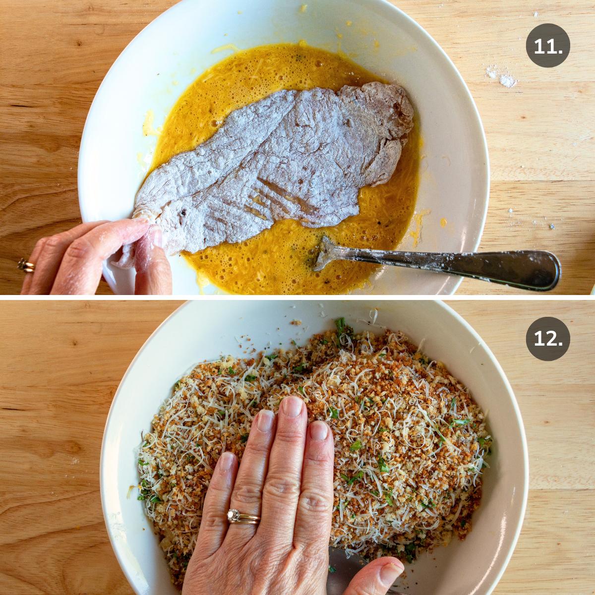 Dipping the chicken cutlets into the egg mixture and coating in the toasted panko bread crumb mixture. 