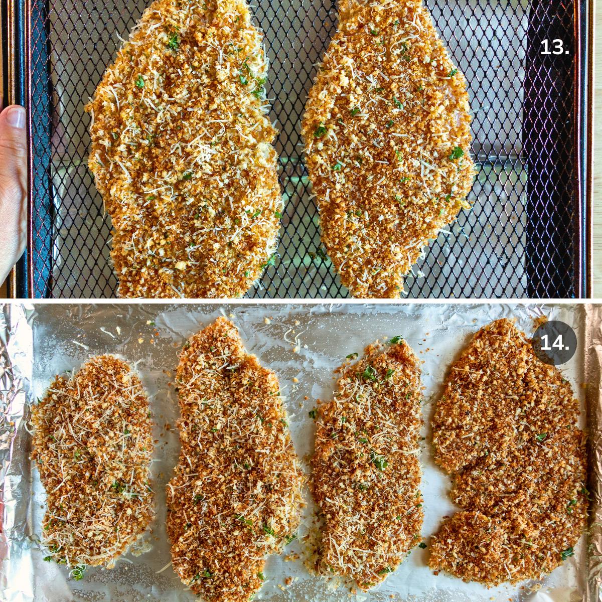Top photo is the chicken cutlets in an air fryer basket and the bottom photo is chicken on a baking sheet ready for the oven. 