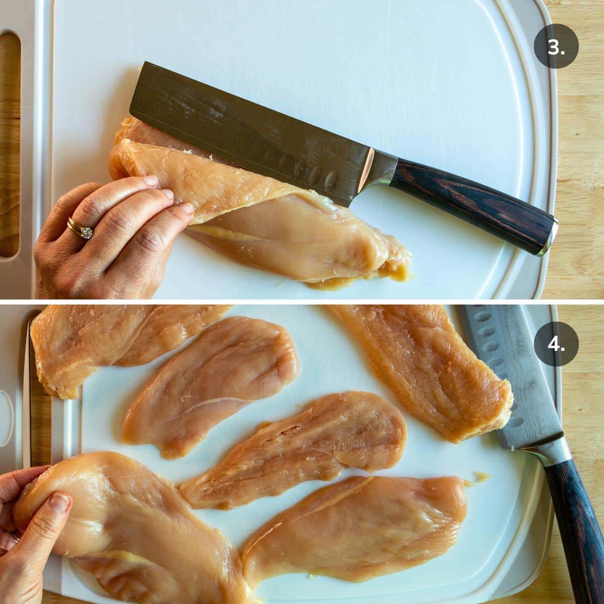 Slicing the chicken breast into thin cutlets.