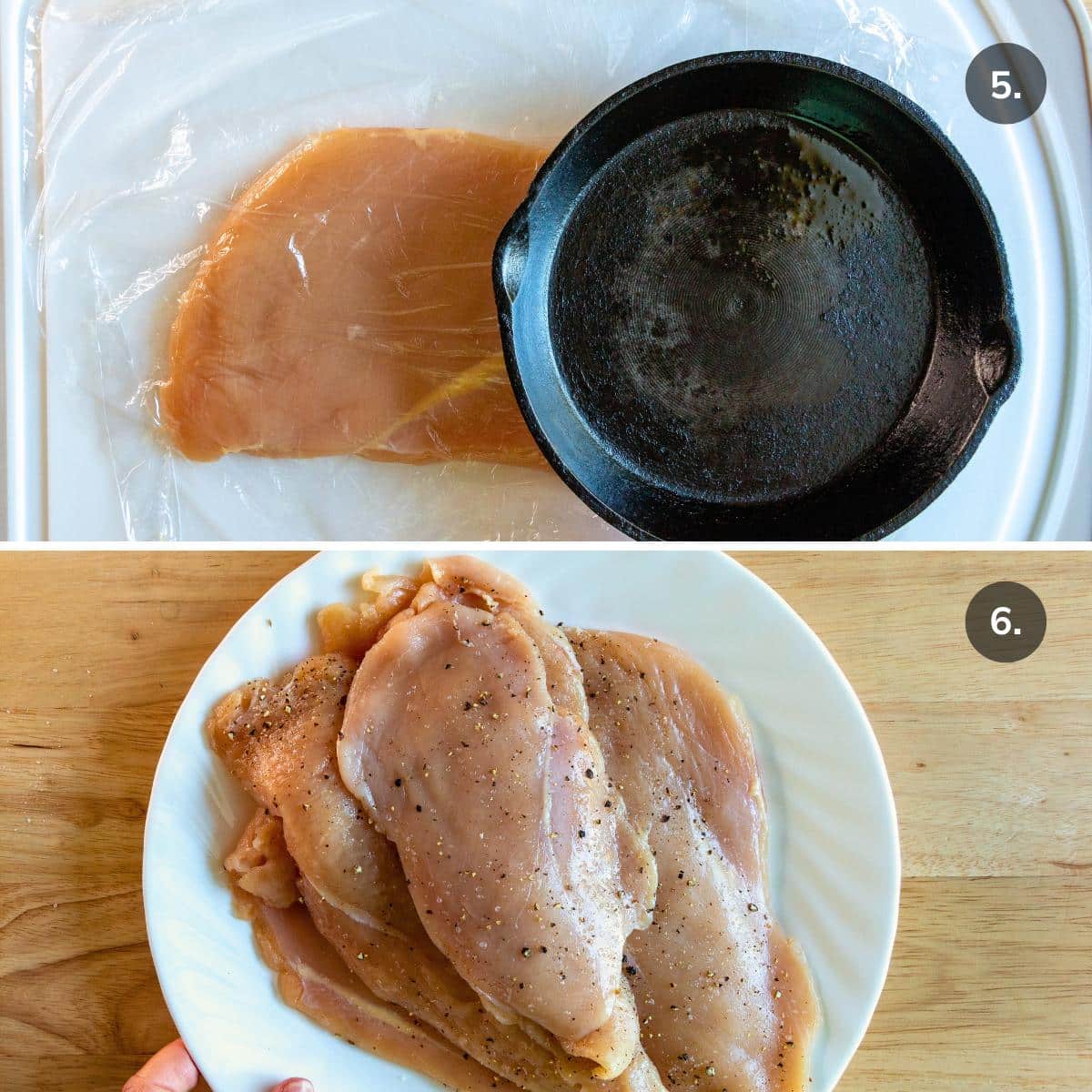 Pounding chicken flat with a a heavy flat skillet instead of a meat mallet. 