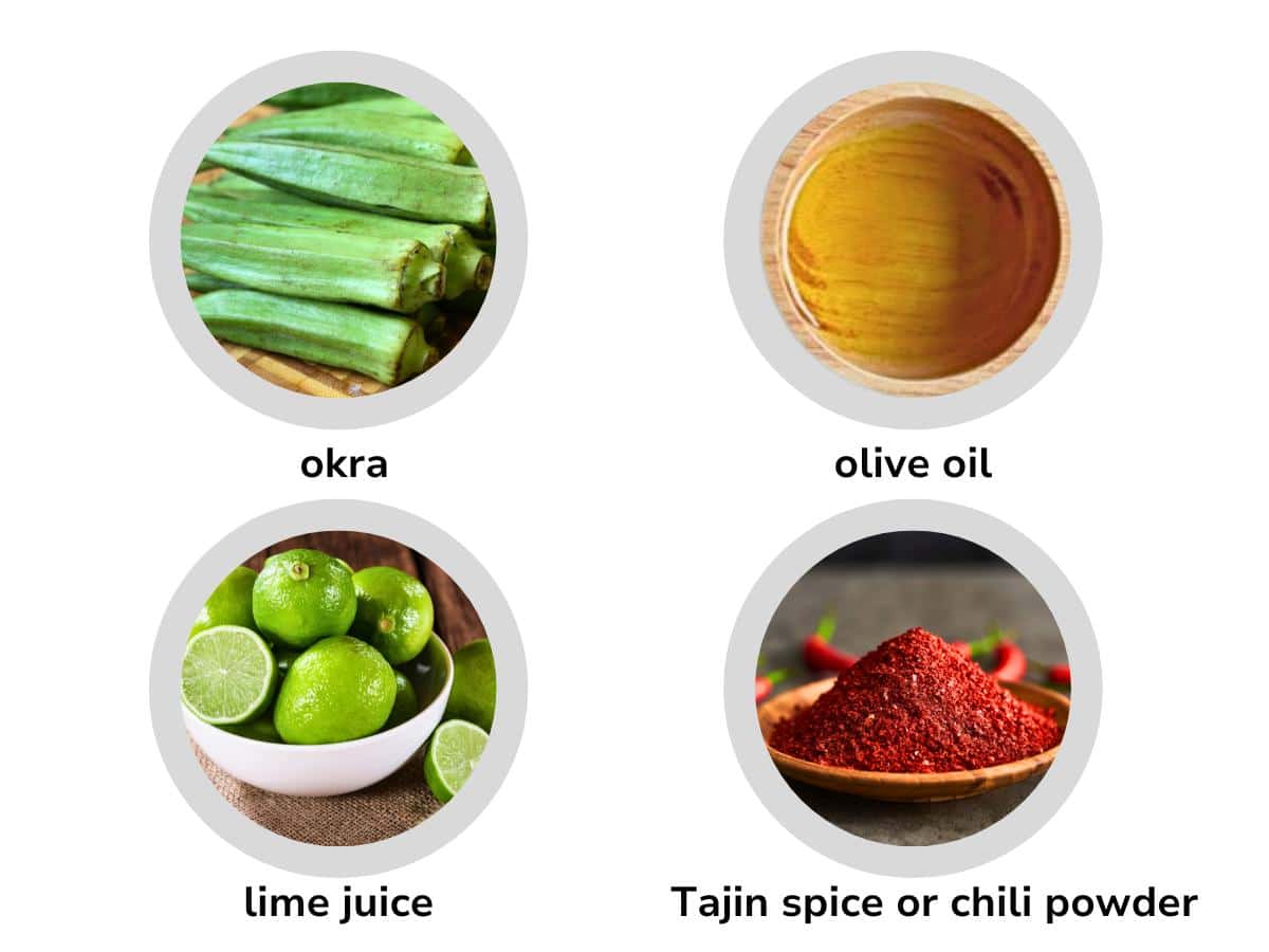 4 simple ingredients to make okra on the grill with Tajin seasoning, olive oil and lime juice. 