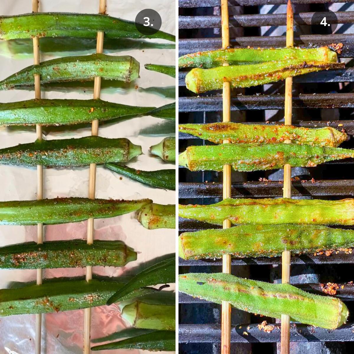 Okra on 2 wooden skewers before and after grilled.