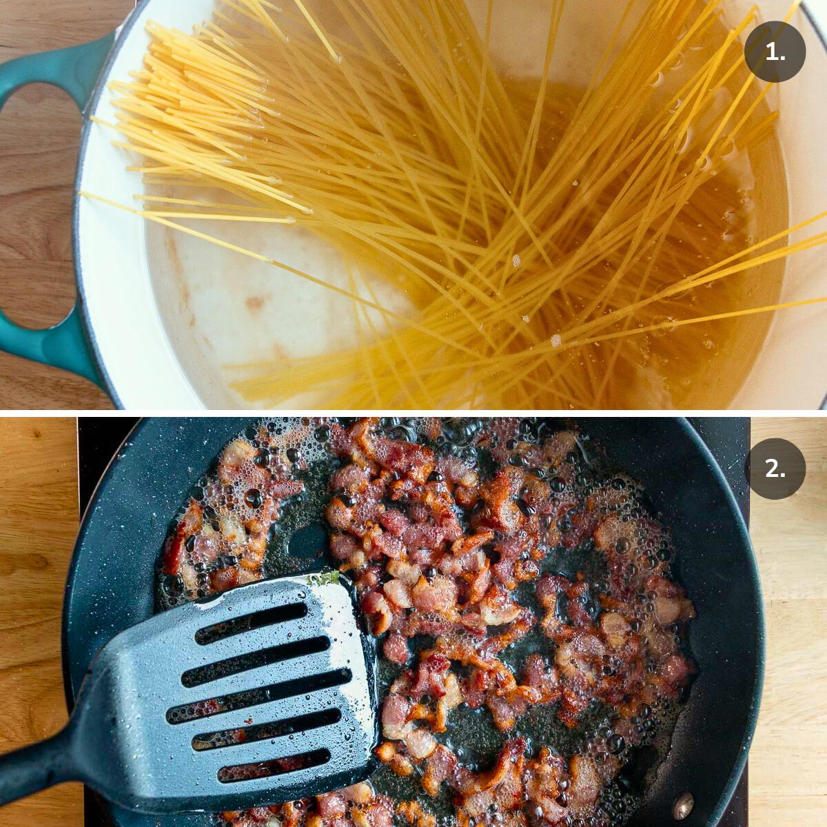 Boiling spaghetti noodles and frying up crispy bacon.