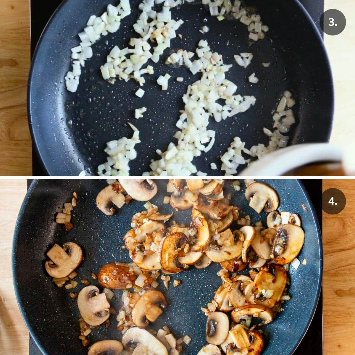 Pan frying onions and mushrooms in bacon fat. 