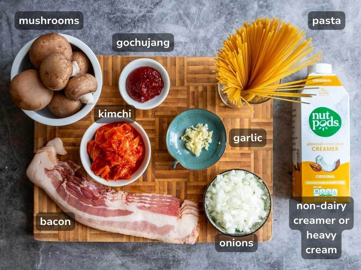 Ingredients to make Korean-Italian fusion pasta recipe.