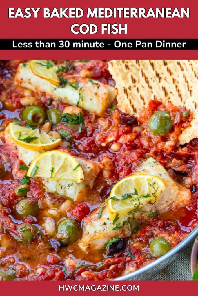 A spoonful of delicious Mediterranean red sauce with olives and capers surrounded by poached cod fish.