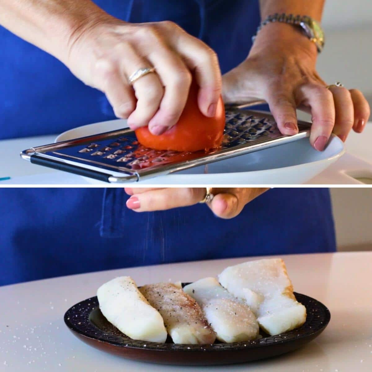 Grating tomatoes and seasoning cod fish loins. 