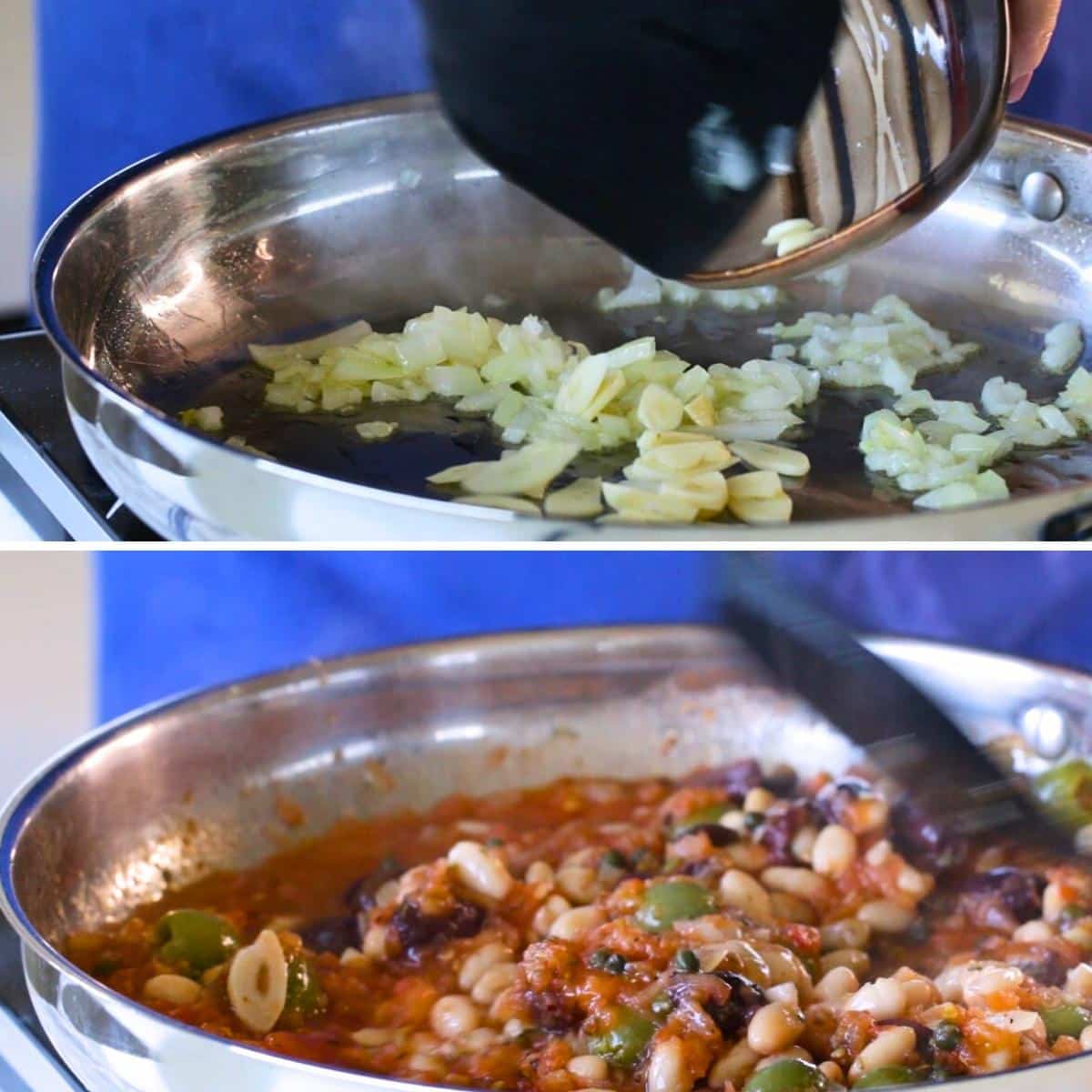 Sautéing aromatics and then adding the freshly grated tomatoes, olives, capers and white beans to the pan. 