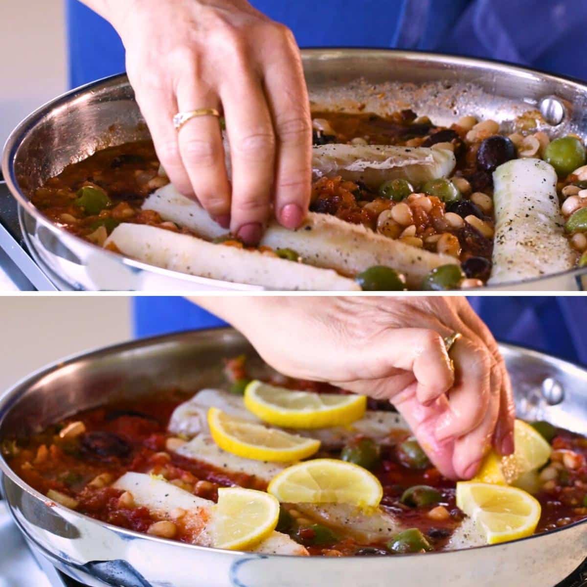 Nestling the cod fish in the tomato sauce and topping with lemon slices. 