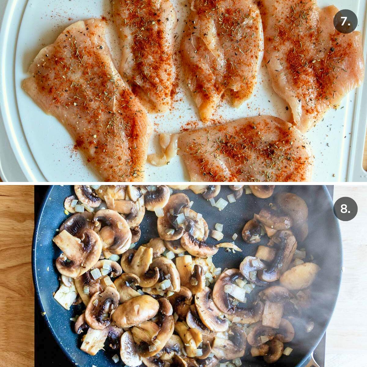 Seasoning chicken cutlets and pan frying mushrooms.