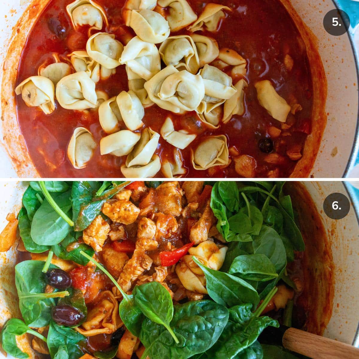 Adding mushroom tortellini and spinach to the Dutch oven on the stovetop.