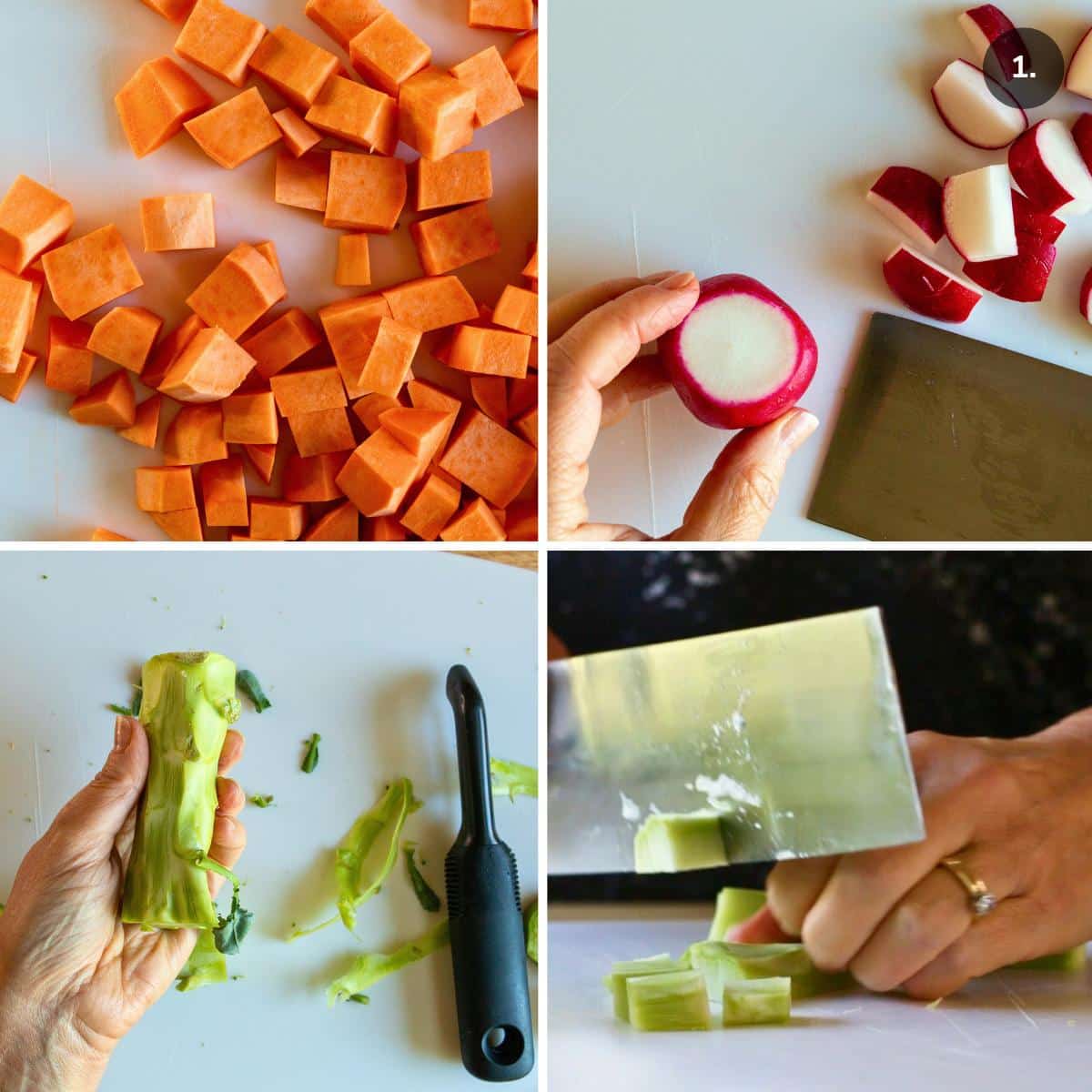 cutting up sweet potato, radishes and peeling and chopping broccoli stems.