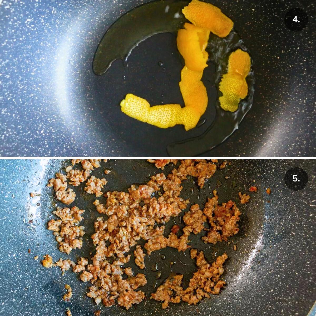 Stir frying orange zest in work and then pan frying pork sausage.