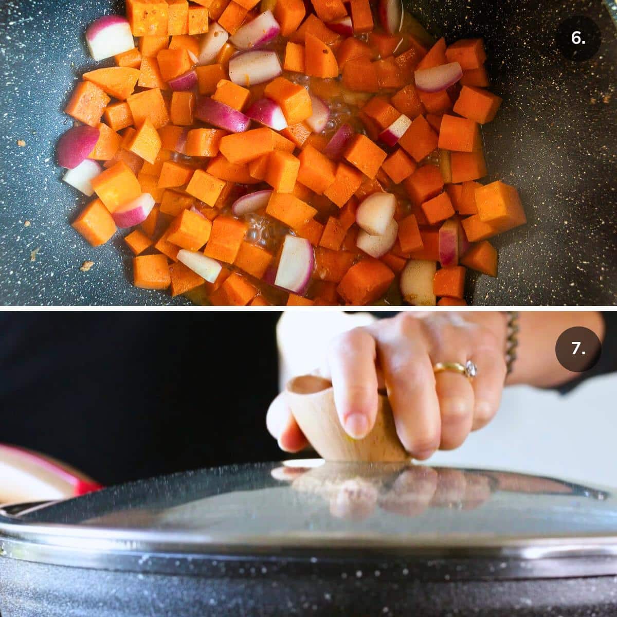 Steaming hard firm vegetables with the lid on wok. 