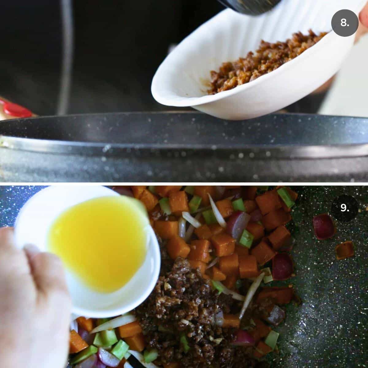 Adding the sausage and orange juice to the sweet potato stir fry. 