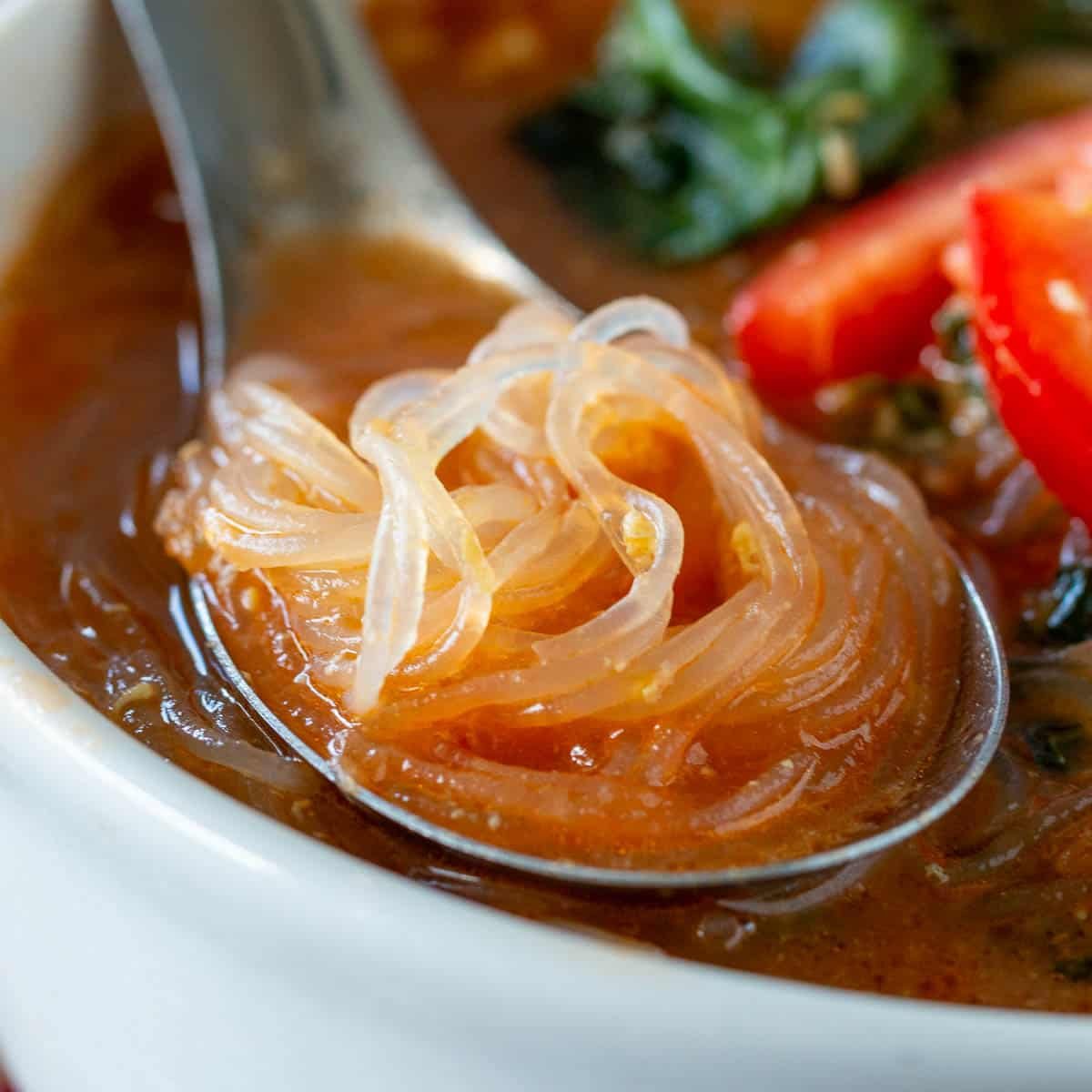 A spoonful of clear cellophane noodles in a Chinese spoon.