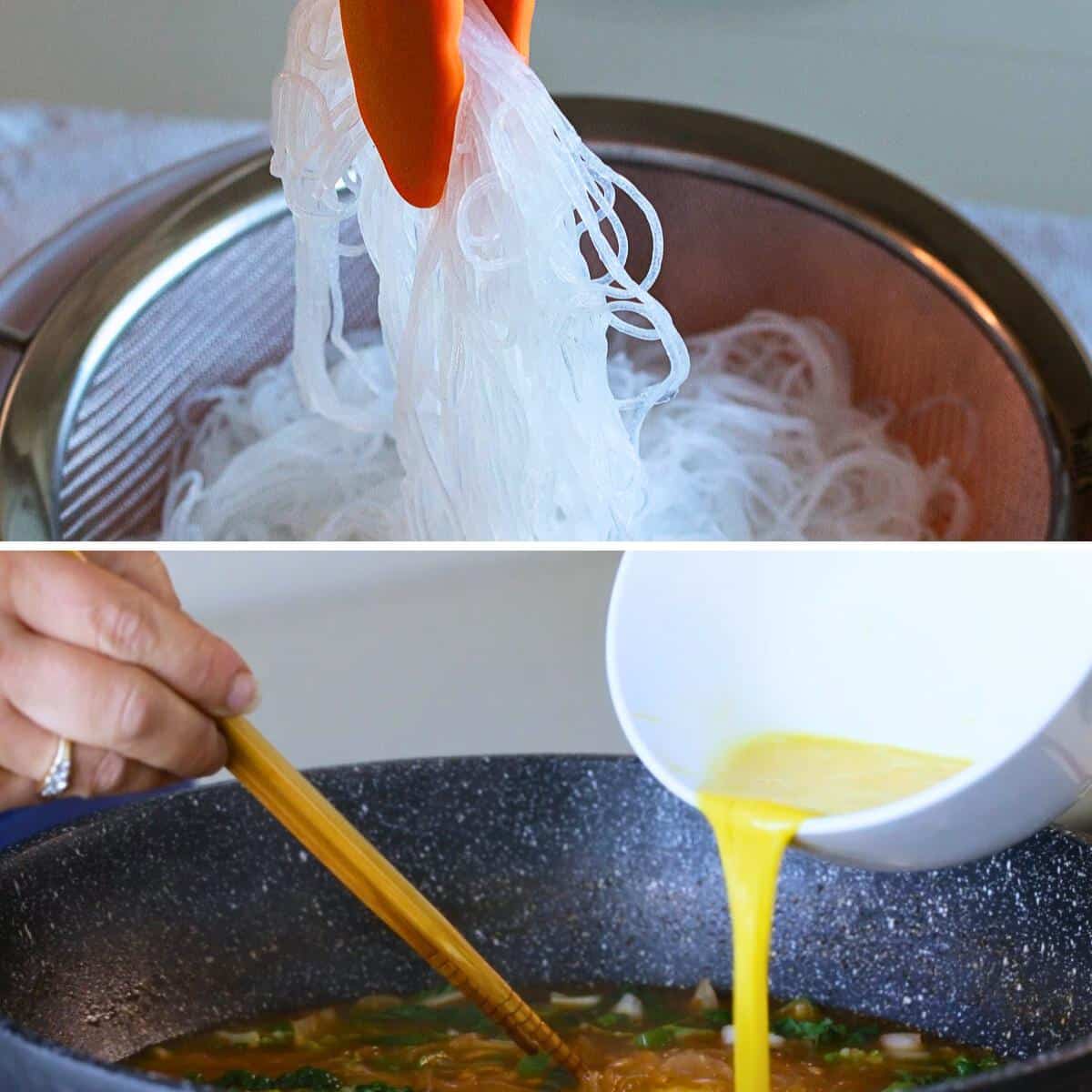 Add the soaked mung bean vermicelli noodles and egg to make and egg drop soup into the broth. 