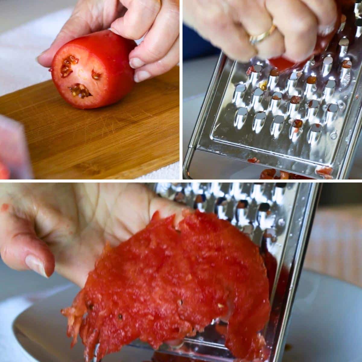 Showing how to grate fresh tomatoes in seconds and all is left is the peel. 