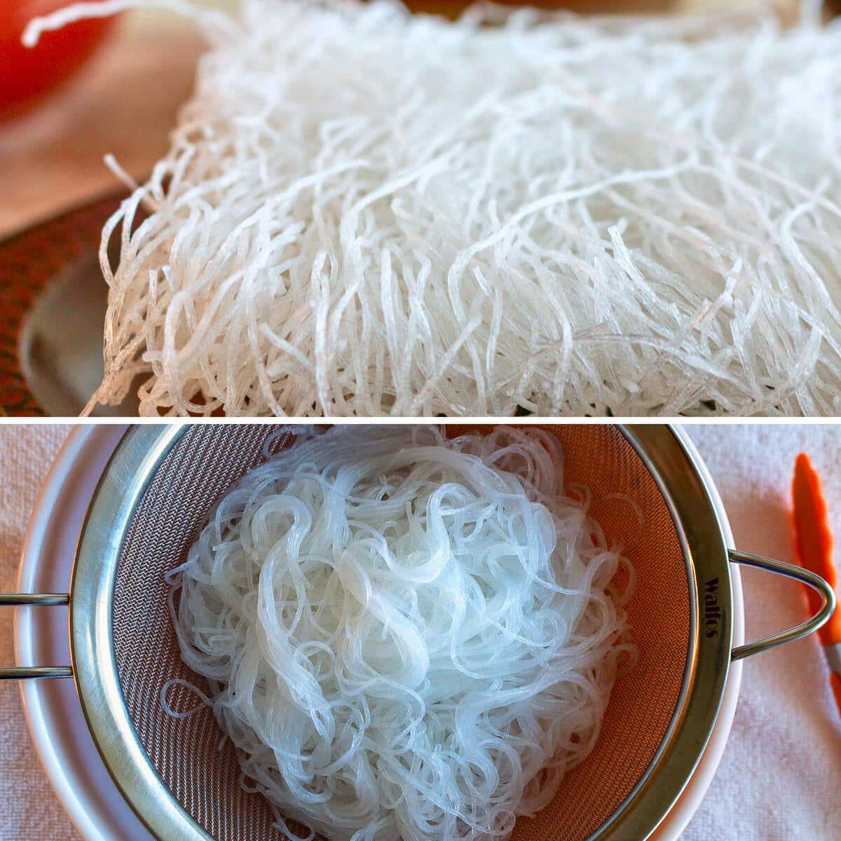 Dried glass noodles and soaked and drained ones soft in a fine mesh strainer. 