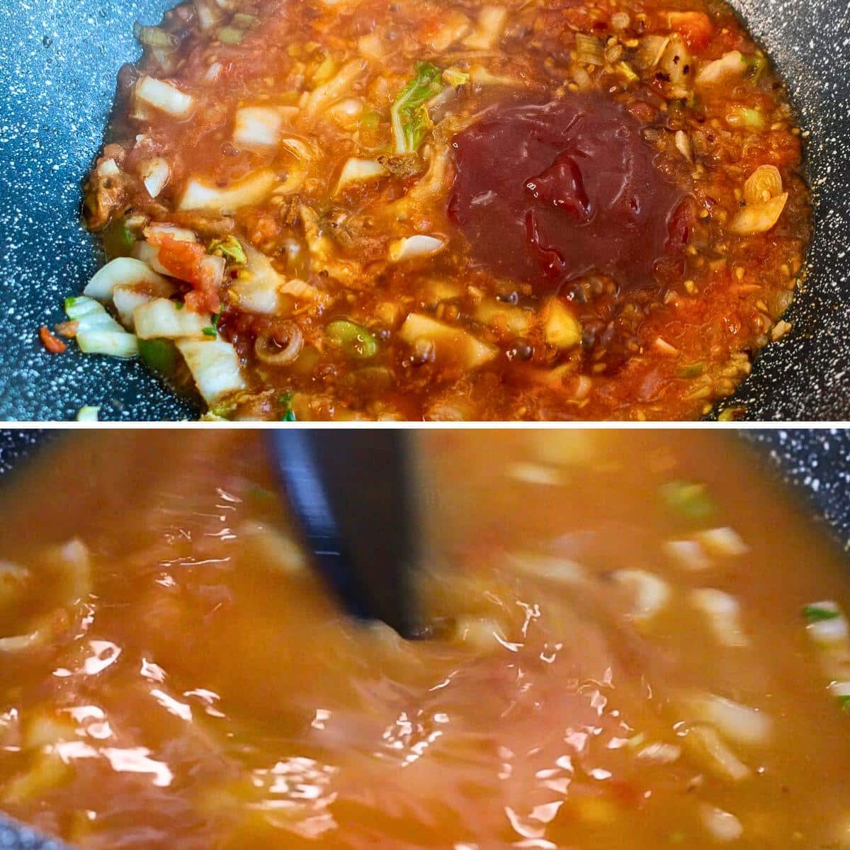 Vegetables, spices, fresh crushed tomatoes, ketchup and vegetable broth added to the soup pot.