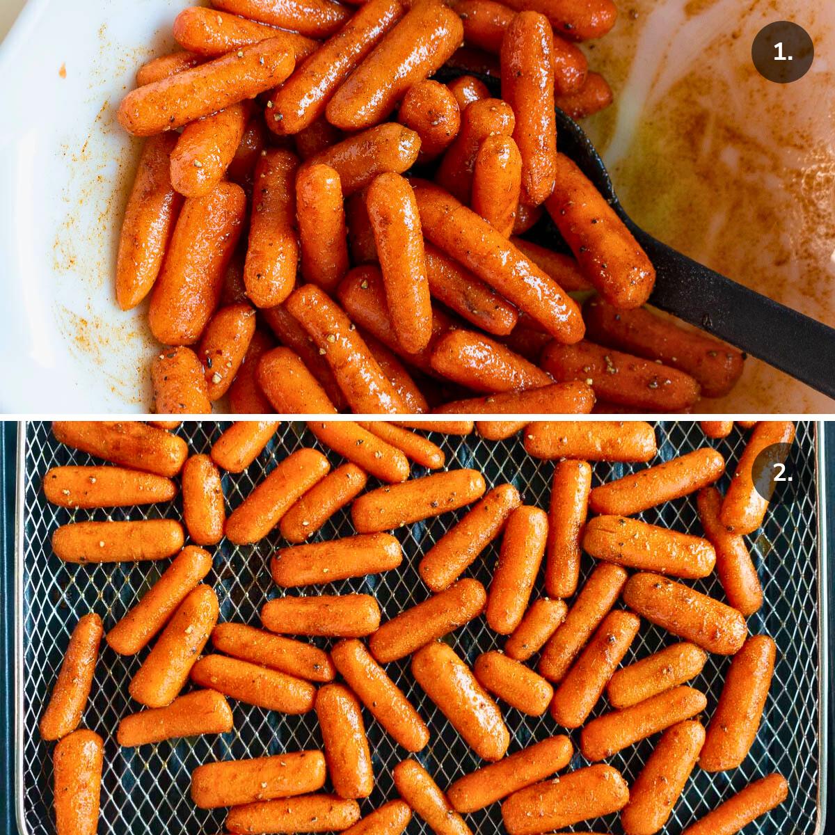 Tossing carrots with Moroccan oil and seasoning and laying them out on an air fryer tray. 