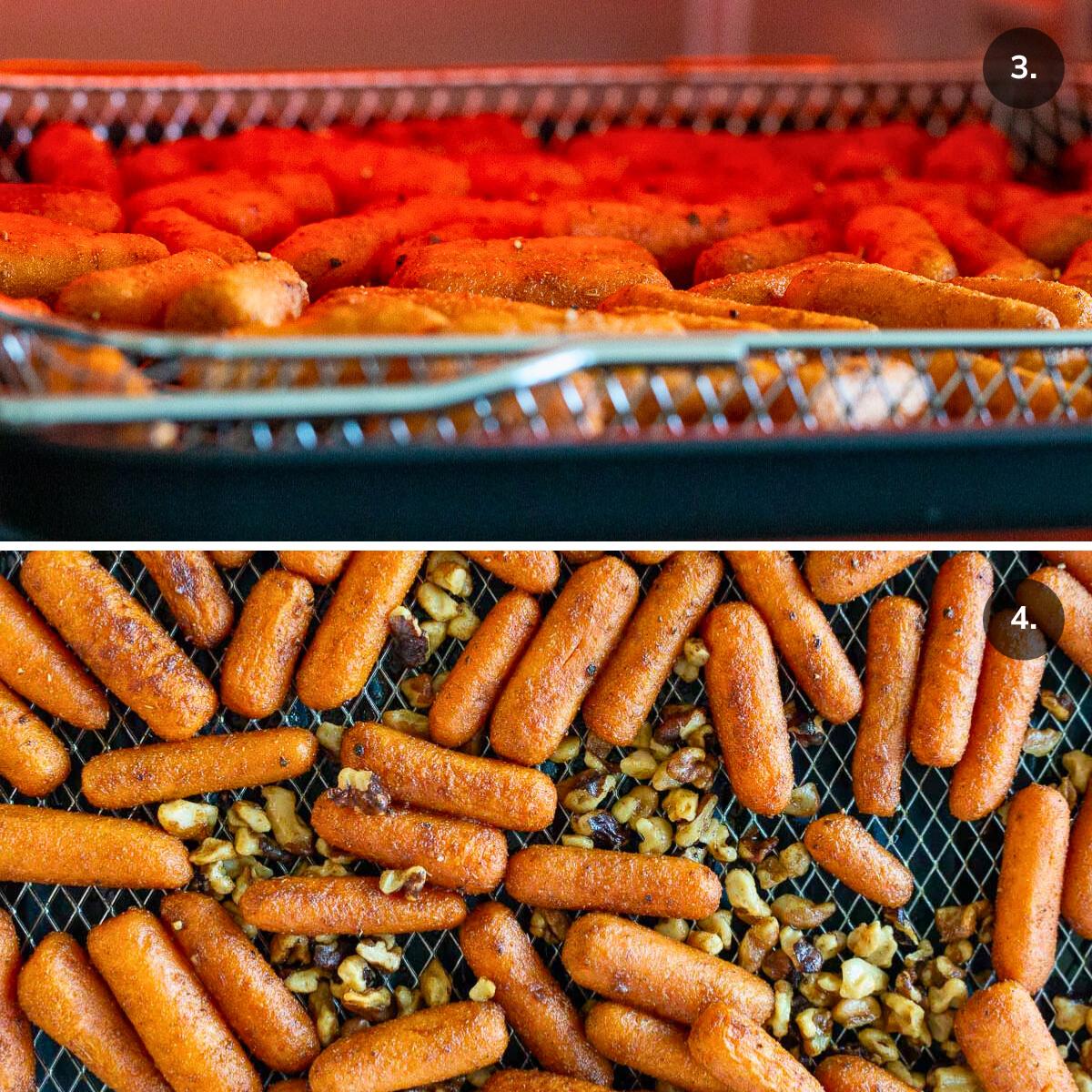 Air fryer carrots in an all in one toaster oven style air fryer and adding the seasoned walnuts to tray.