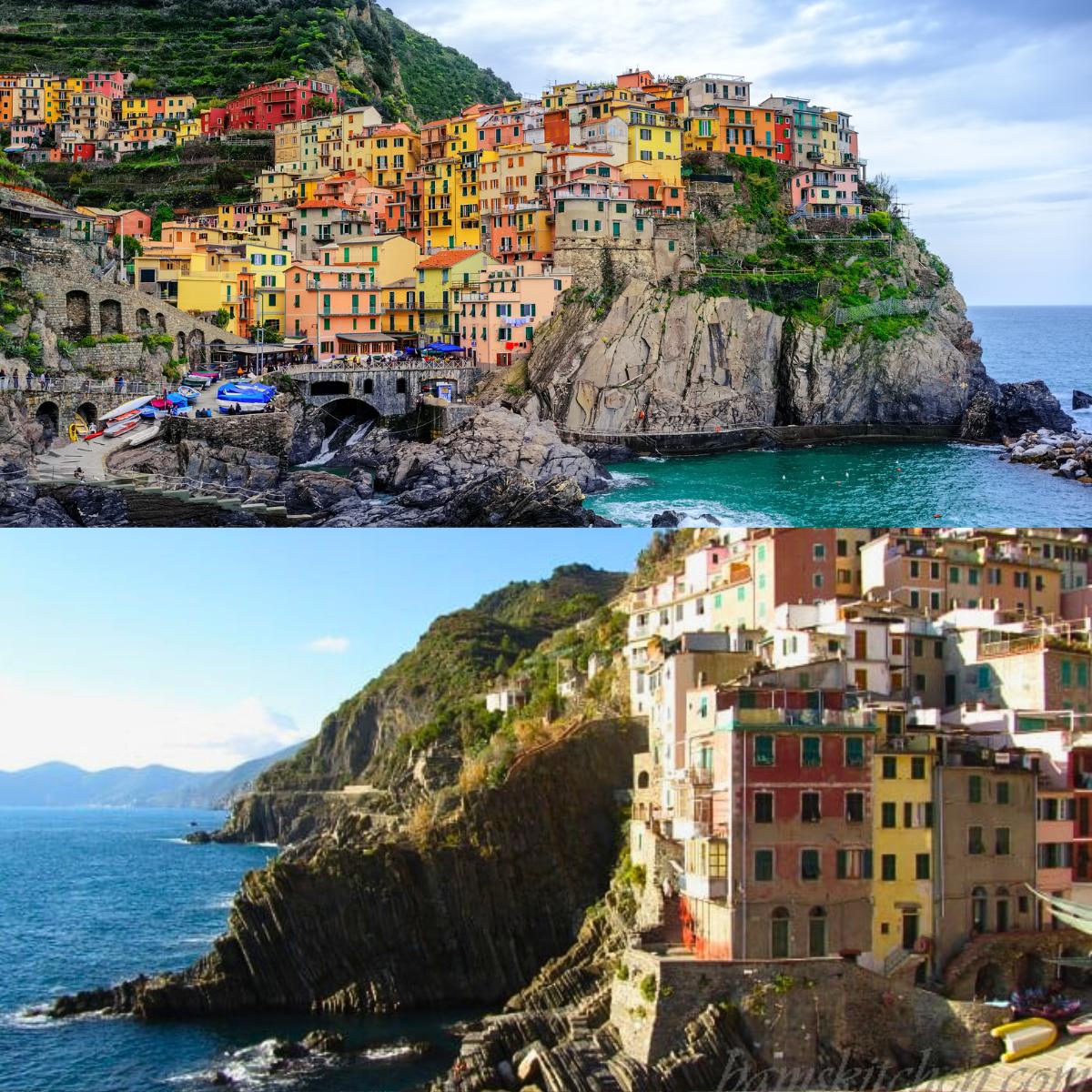 2 photos of cinque terra with the beautiful colorful houses overlooking the gorgeous ocean one new and one from 2007.