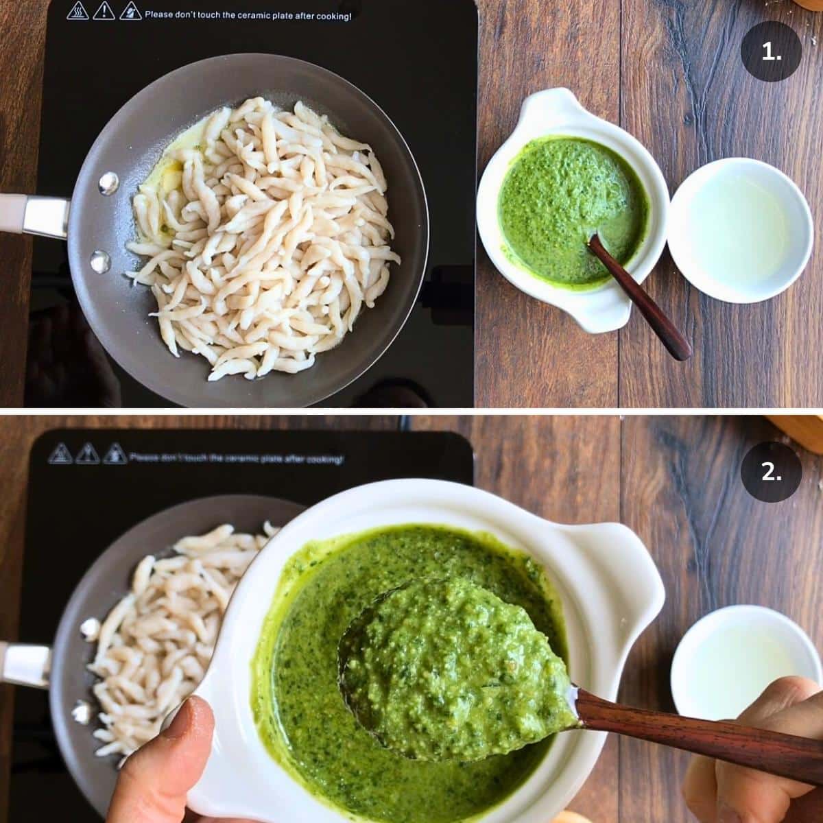 Frying trofie pasta in butter and adding the basil pesto. 