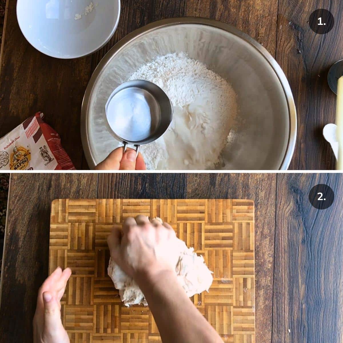 00 flour and water getting added to a bowl and kneading pasta dough.